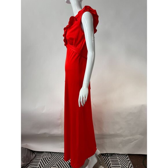 Vintage 1970s Jerell Of Texas Red Ruffled Maxi Dress Sleeveless V-Neck Belted Wa - Picture 5 of 16